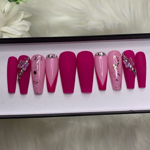 Pink Aurora Butterfly Press On Nails | Handmade Press On Nails | Custom Nails - Picture 1 of 9